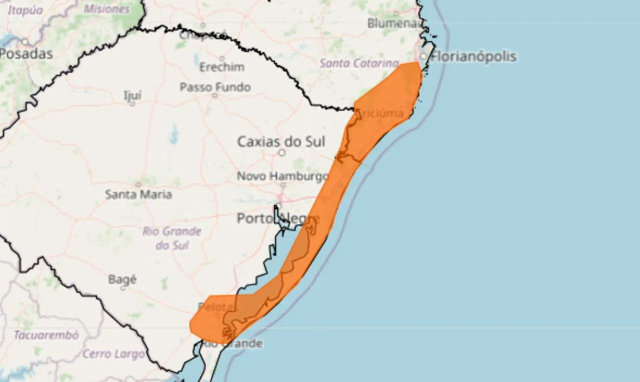 A imagem mostra as áreas em alerta para acúmulos de chuva significativo 